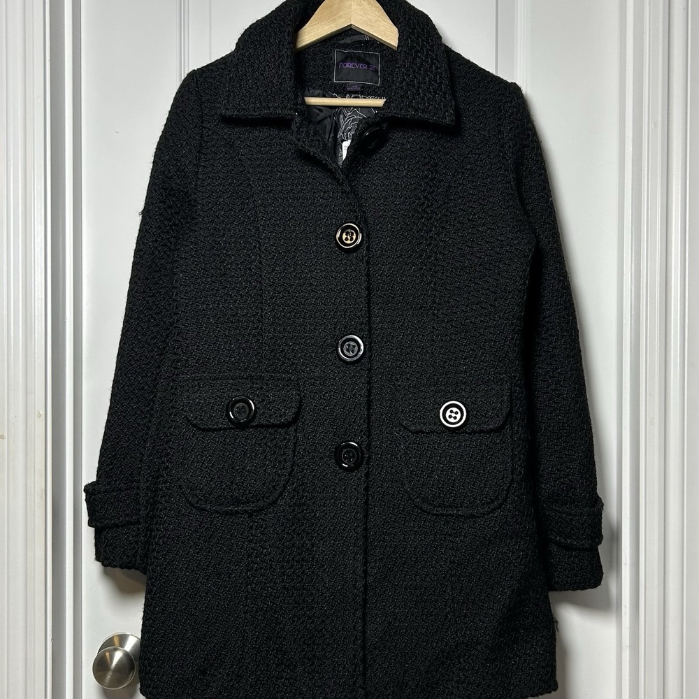 Forever 21 Black Boucle Wool Blend‎ Longline Coat Dark Academia Whimsigoth Style